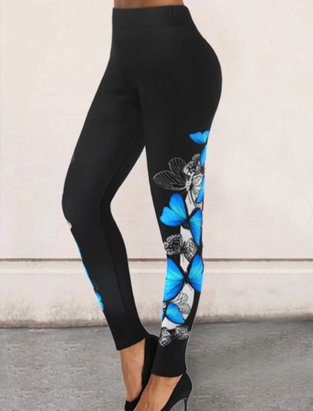 

Blue Fantasy Butterfly Leggings Casual Butterfly Pants, Black, Leggings