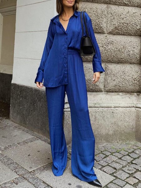

Daily Casual Solid Satin Suits Top With Pants, Blue, Two-piece Set