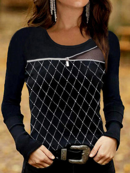 

Regular Fit Geometric Crew Neck Shirts & Tops, Black, Tops