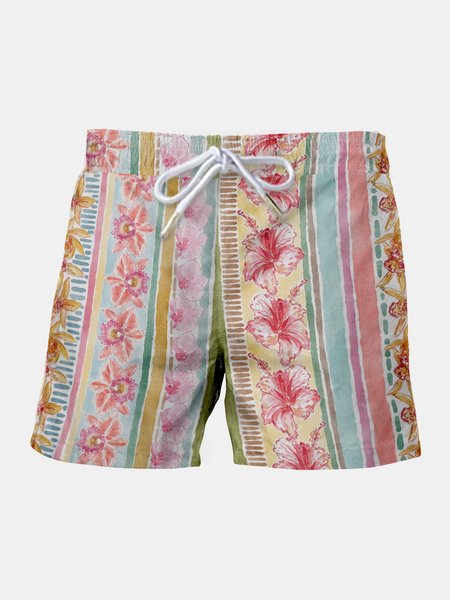 

Resort-Inspired Hawaiian Floral And Striped Geometric Cropped Side Pocket Shorts With Drawstring Print, As picture, Men's shorts
