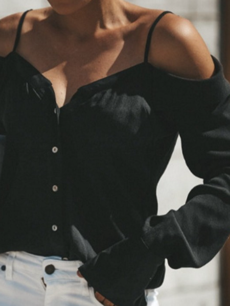 

Spaghetti Loosen Casual Buttoned Tops, Black, Tops
