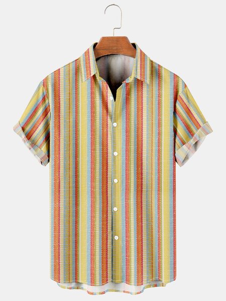 

Holiday Casual Art Stripe And Geometric Hawaiian Print Shirt Top, As picture, Men's Floral shirt