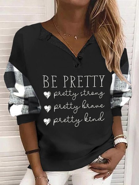 

Be Pretty Letters Printed Long Sleeve Polo Plus Size Casual Sweatshirts, Black-white, Hoodies & Sweatshirts
