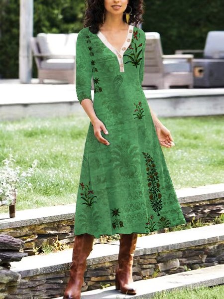 

Cotton Blends Floral V Neck Vacation Dresses, Green, Midi Dresses