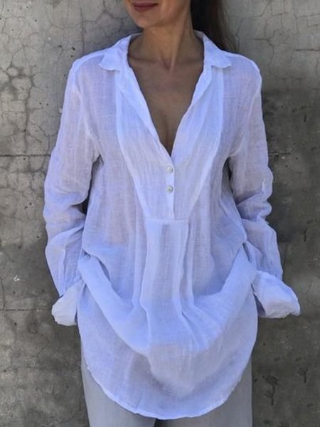 

Casual Solid Lapel Long Sleeve Shirts & Tops, White, Tops