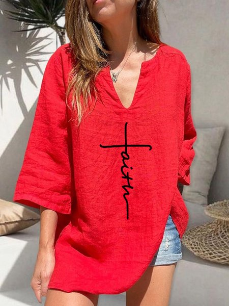 

Casual Letter V neck Three Quarter Shirts & Tops, Red, Tops