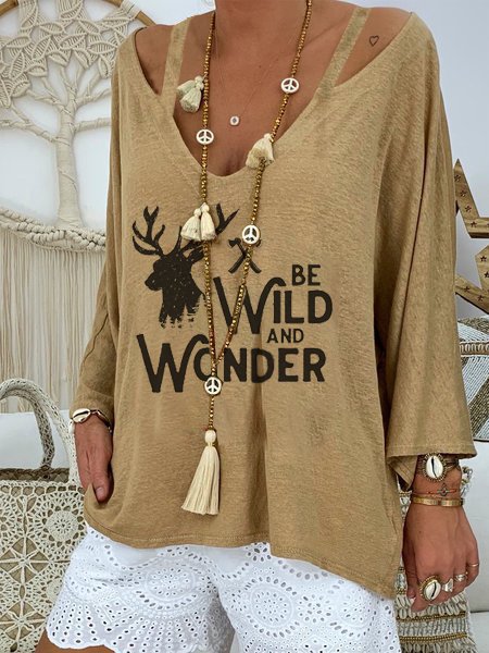 

Letter Cotton Blends Casual V Neck Shirts & Tops, Yellow, T-Shirts