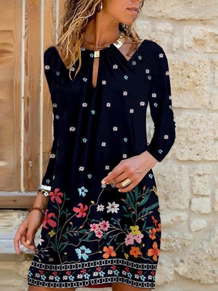 

Loosen Boho Crew Neck Floral Cotton Blends Dresses, Flower, Mini Dresses