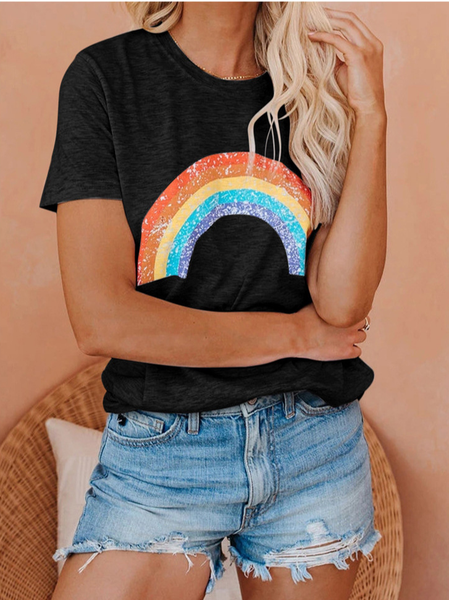 Casual Slim Rainbow Pattern Fresh Ladies Top T-shirt, Black, T-Shirts