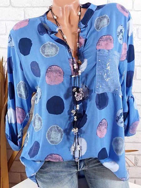 

Polka Dots Boho Cotton Blends Stand Collar Loosen Shirts & Tops, Flower, Tops
