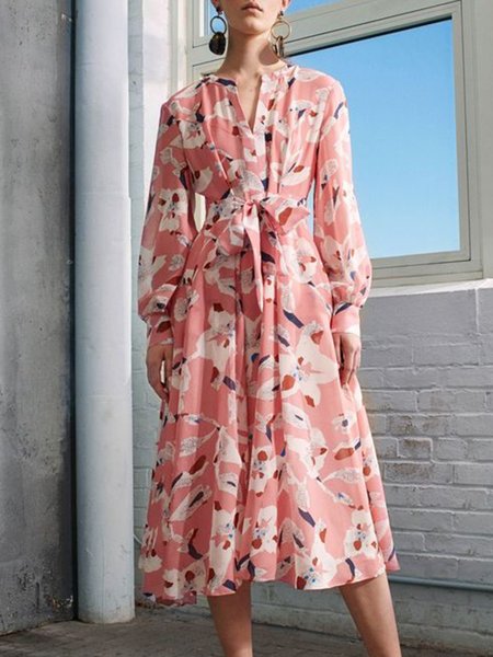 

Floral Regular Fit Elegant Long sleeve Dress, Light pink, Midi Dresses