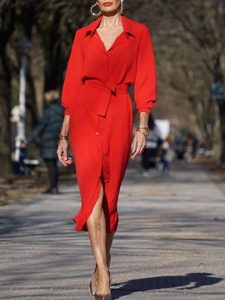 

Shirt Collar Solid Regular fit Elegant Dress, Red, Midi Dresses