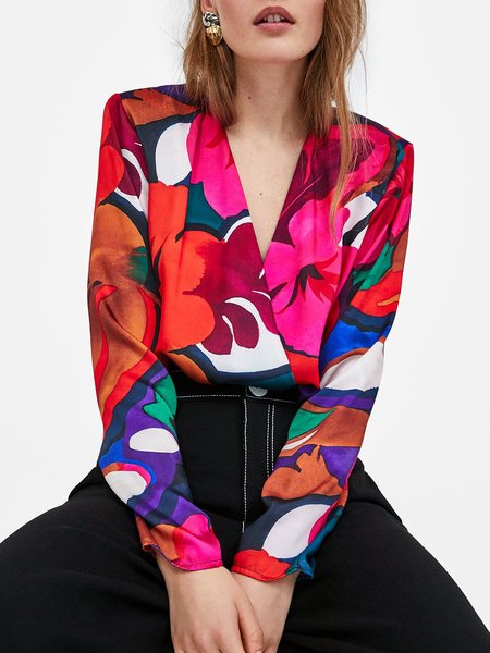 

Elegant Long Sleeve Floral Regular Fit Top, Red, Blouses and Shirts