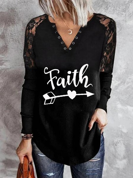 

Faith Letters Lace Long Sleeves Buttoned Notched Plus Size Casual Tops, Black, T-Shirts