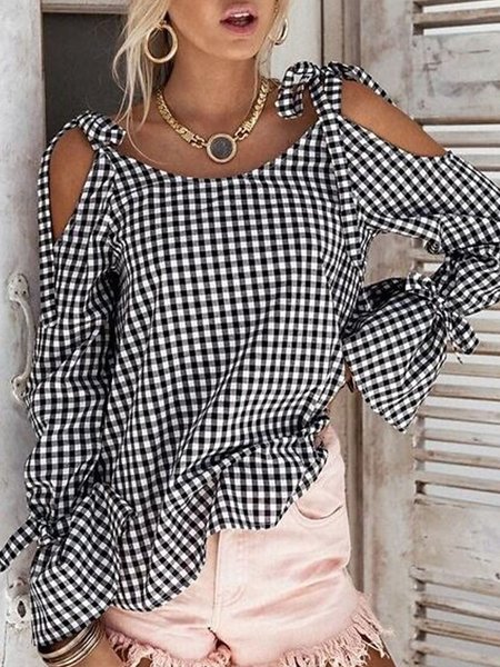 

Flare Sleeve Grid Casual Daily Loosen Top, Black-white, Tops
