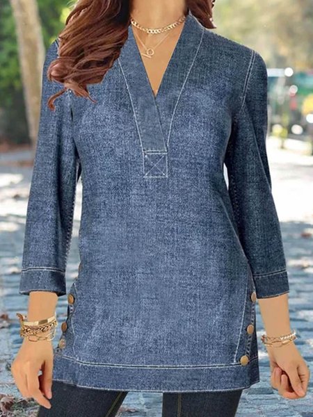 

Long sleeve V-neck plain patterned imitation Tencel denim super soft denim fabric top 7 / 4 sleeve, Denim blue, Tops