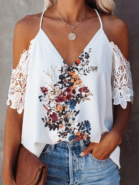 

Fashion stitching lace V-neck open back floral print top, White, Tops