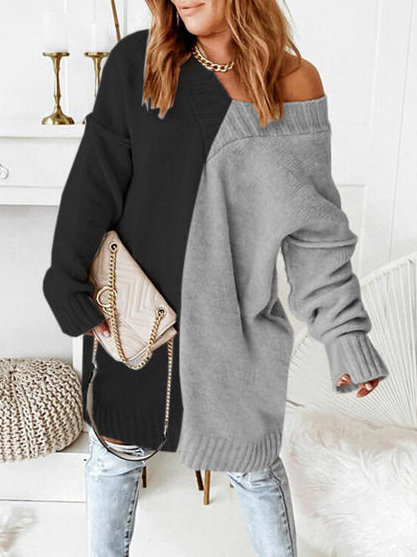 

Cotton Blends V Neck Casual Sweater, Black-grey, Sweaters