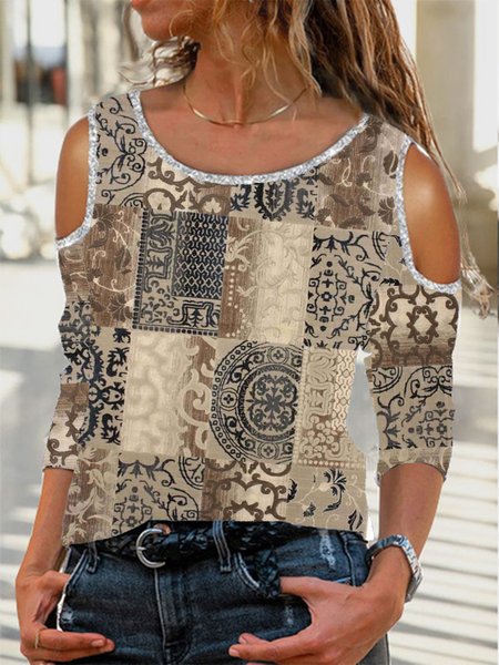 

Geometric Printed Casual Round Neck Long Sleeve T-Shirts, Multicolor, Tops