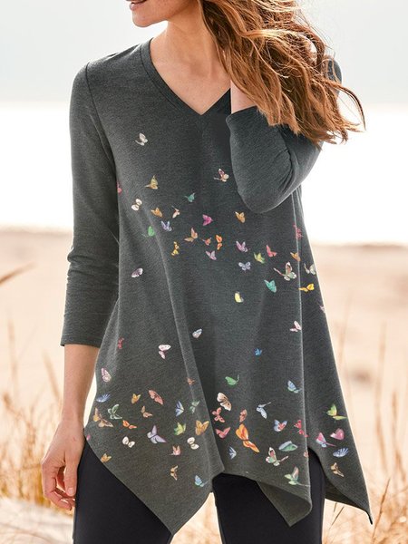 

V Neck Asymmetric Loosen Shirts & Tops, Gray, T-Shirts