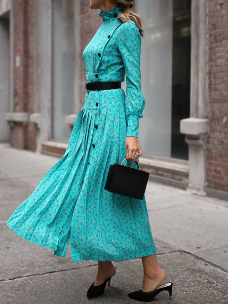 

Floral Elegant Regular Fit Daily Dress, Cyan, Maxi Dresses