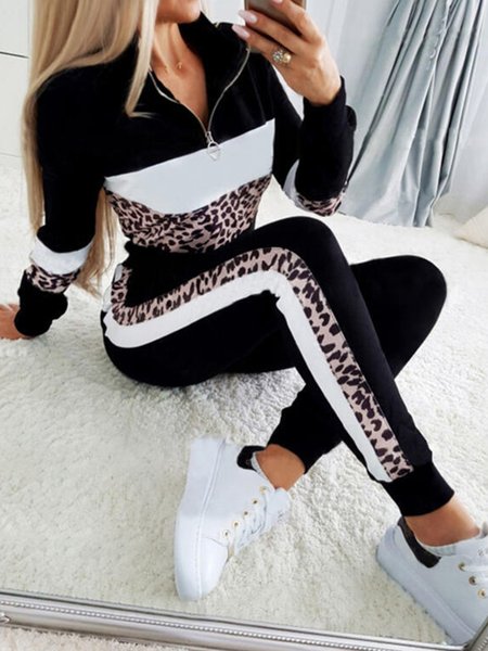 

Loosen Elegant Stand Collar Leopard Casual Two-Piece Set, Multicolor, Tops