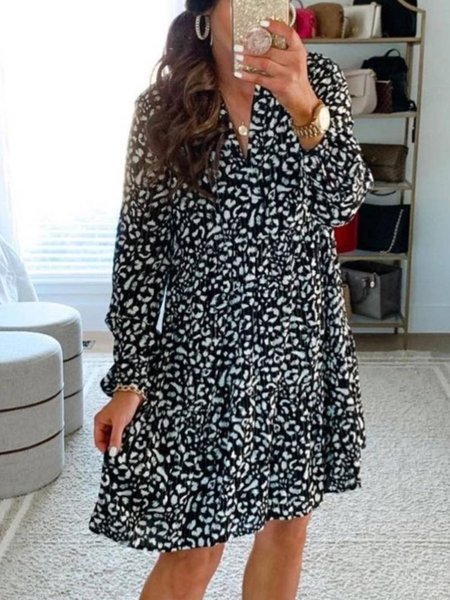 

V Neck Long Sleeve Leopard Dresses, Black, Mini Dresses