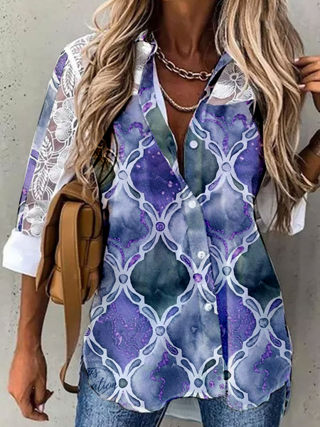 

Geometric Casual Shirt Collar Shirts & Tops, Blue purple, Blouses & Shirts