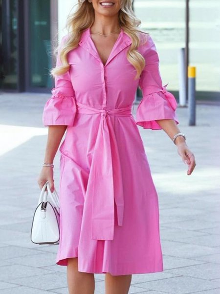 

Regular Fit Shirt Collar Solid Work Dress, Pink, Maxi Dresses