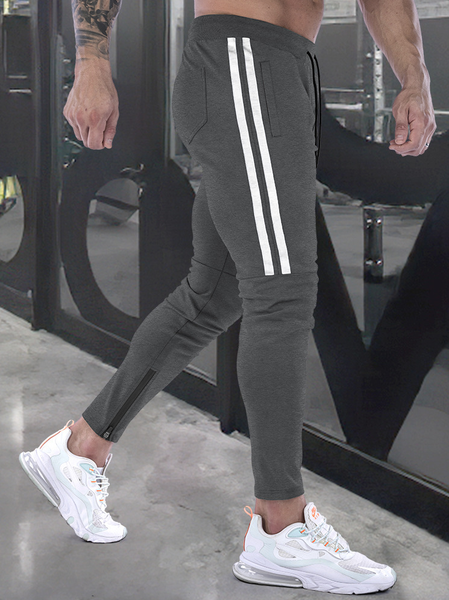 

Men's Slim Stretch Waist Two-Bar Striped Print Sweatpants, Deep gray, Pants
