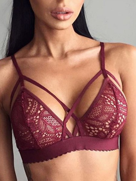 

Lace Edge Deep V Sexy Perspective Plus Suspender Vest Bottomed Bra, Wine red, Bra&Bra Sets