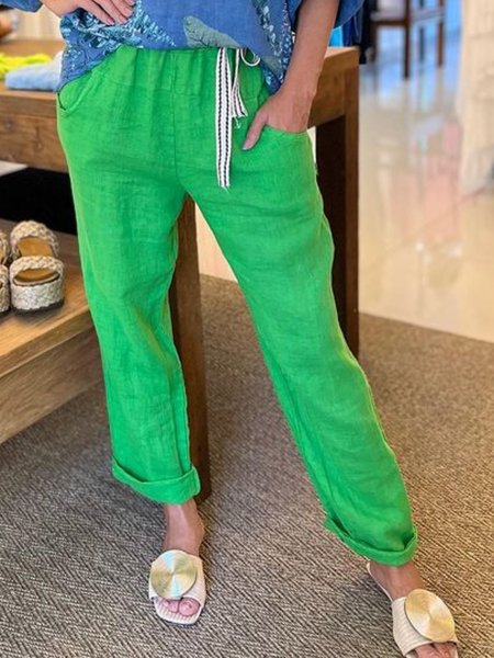 

Green Casual Solid Pocket Pants, Pants