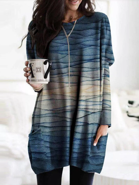 

Light Blue Gradient Striped Long Sleeve Pocketed Mini Dress Crew Neck Casual Dresses, Casual Dresses