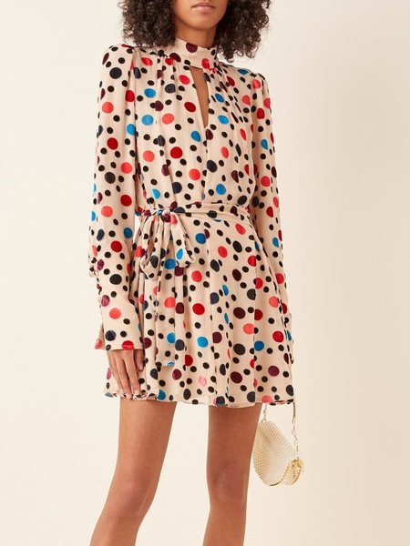 

Elegant Stand Collar Polka Dots Dress, Multicolor, Mini Dresses
