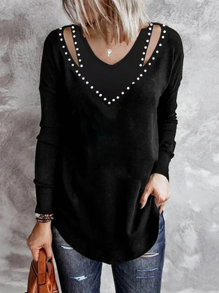 

Casual Notched Irregular Craftsmanship Long Sleeve T-shirt, Black, T-Shirts