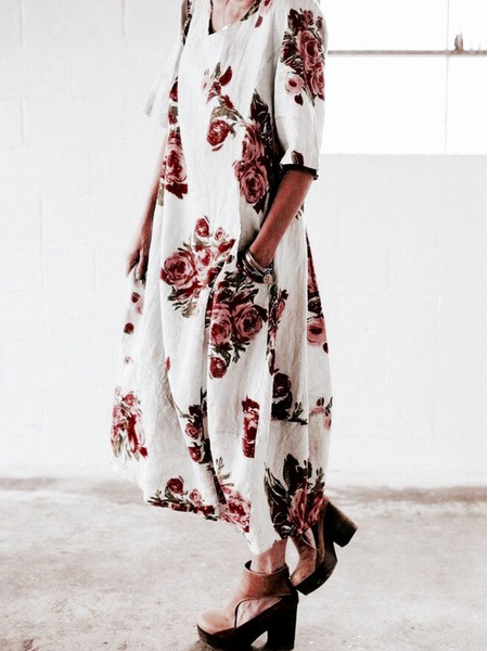 

Vacation Round Neck Loosen Floral Dresses, White, Maxi Dresses