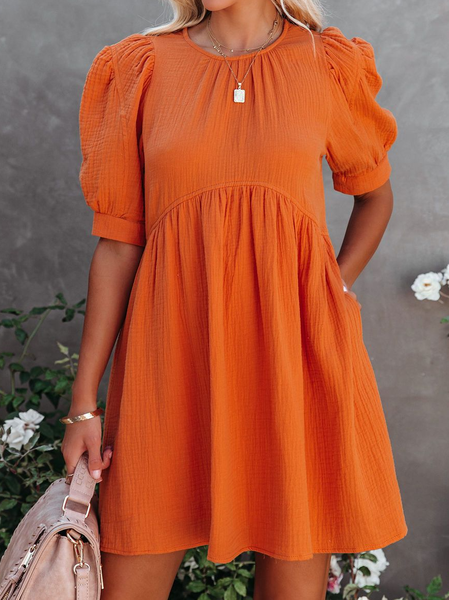 Casual Loosen Solid Crew Neck Short sleeve Woven Dress, Orange, Mini Dresses