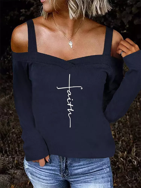 

Letter Spaghetti Casual Long Sleeve Shirts & Tops, Deep blue, T-Shirts