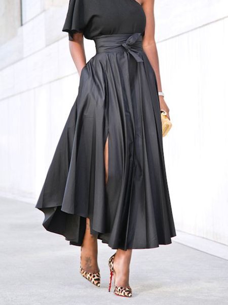 

Solid Elegant Regular Fit Skirt, Black, Midi Skirts