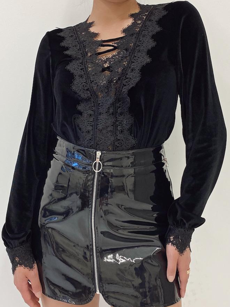 

Spring V neck Elegant Long sleeve Daily Lightweight Tops, Black, Tops