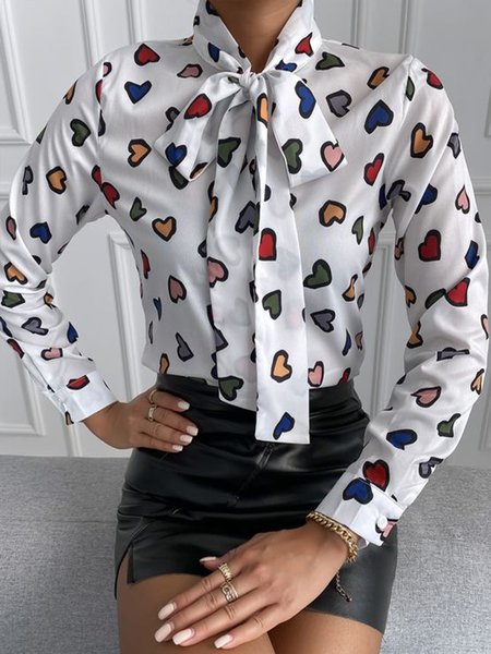 

Daily Elegant Heart Tie Neck Long sleeve Top, White, Tops