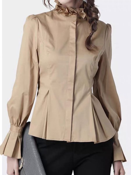 

Elegant Stand Collar Slim Fit Pleated Top, Khaki, Blouses and Shirts