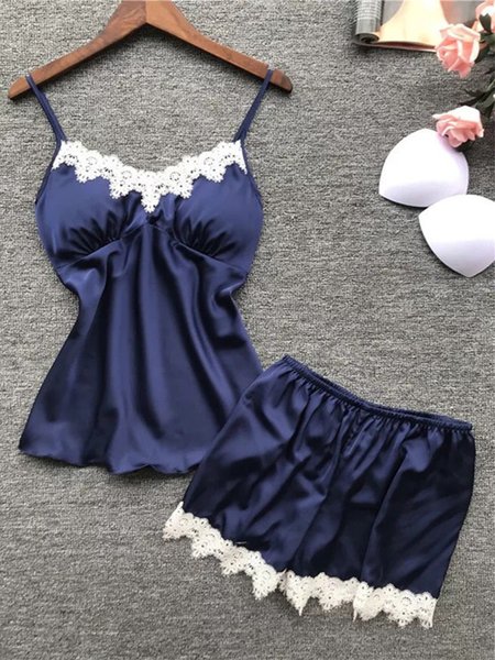 

Lace Padded Camisole Shorts Ice Silk Pajamas Set Plus Size, Navy blue, Pajamas