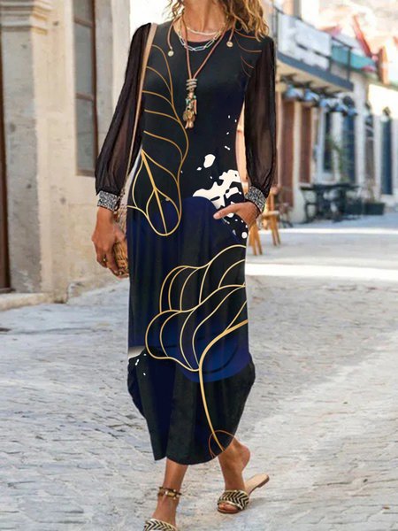 

Leaves Printed Mesh Sequins Casual Maxi Dresses, Black, Maxi Dresses