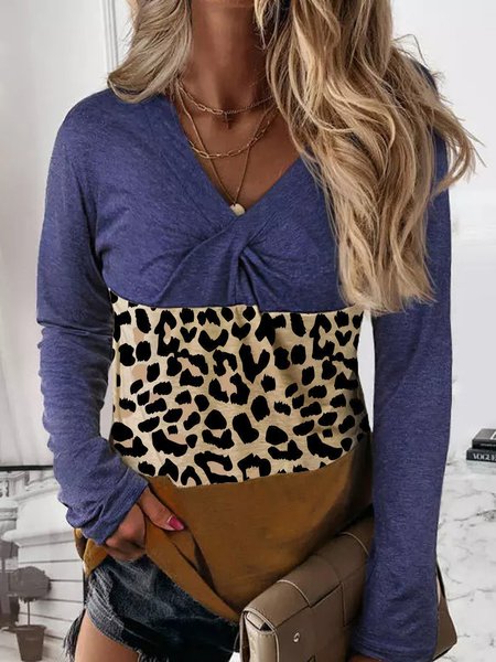 

Color Block Leopard Printed V Neck Long Sleeve Shirts & Tops, Multicolor, Tops