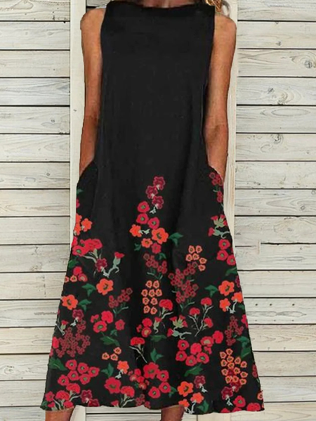 Fashion loose sleeveless pocket long skirt round neck print dress, Black, Midi Dresses
