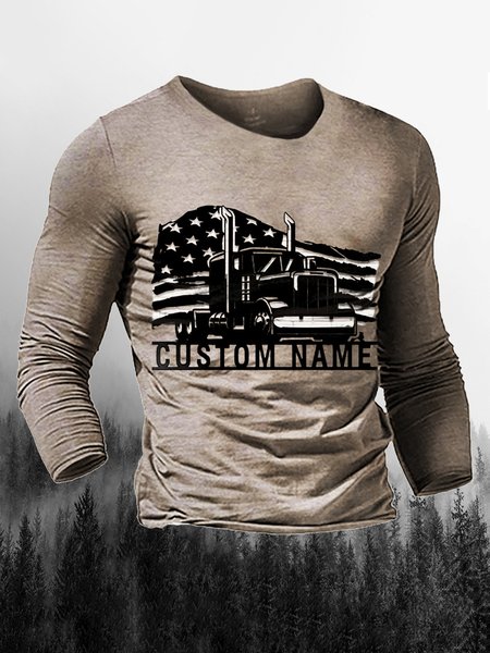 

Men's American Flag Elements Graphic Print Round Neck Long Sleeve Tee, Brown, T-shirt