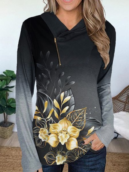 

Floral Ombre Printed Casual Zipper Asymmetrical Neck Shirts & Tops, Black, Tops
