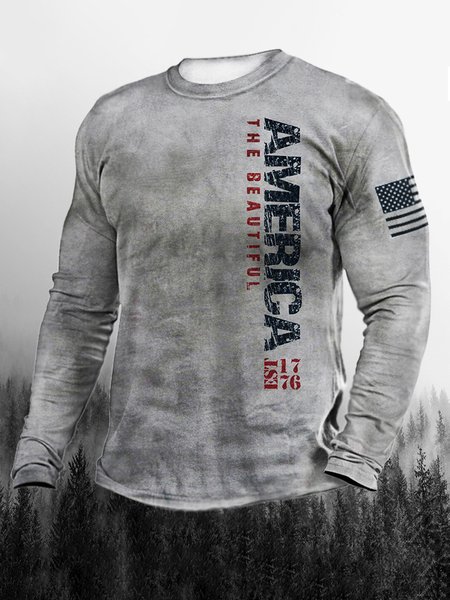 

Men's American Flag Elements Graphic Print Round Neck Long Sleeve Tee, Gray, T-shirt
