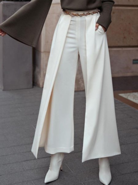 

Daily Simple Solid Wide Leg Pants, White, Wide Leg Pants